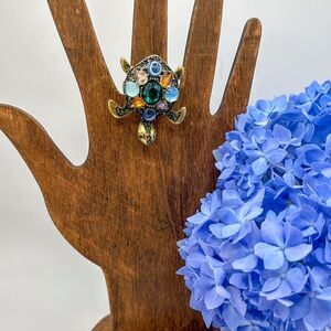 Brass Tone Turtle Ring Multicolored Cabochons Green Rhinestones Adjustable Size